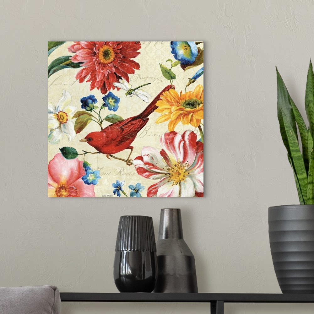 A modern room featuring Brightly colored floral canvas with a bird and a dragon fly on a textured background with cursive...
