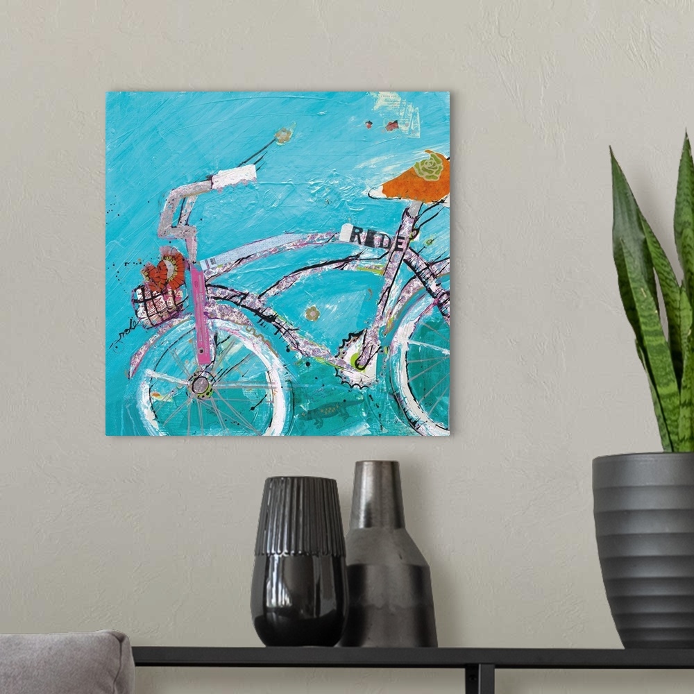 A modern room featuring Energetic brush strokes, heavy textures and cut paper create a decorative artwork of bicycle.