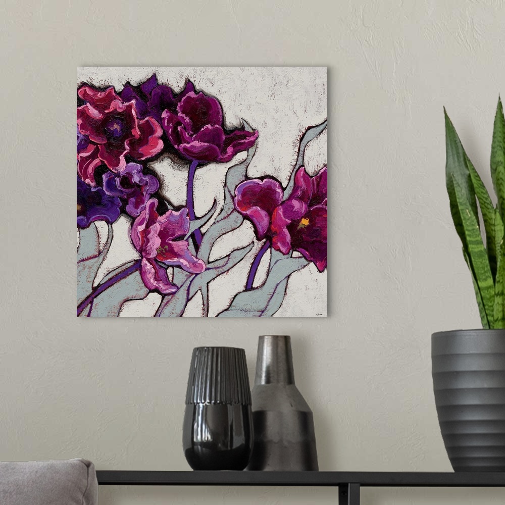 A modern room featuring Contemporary painting of violet flowers against a gray background.