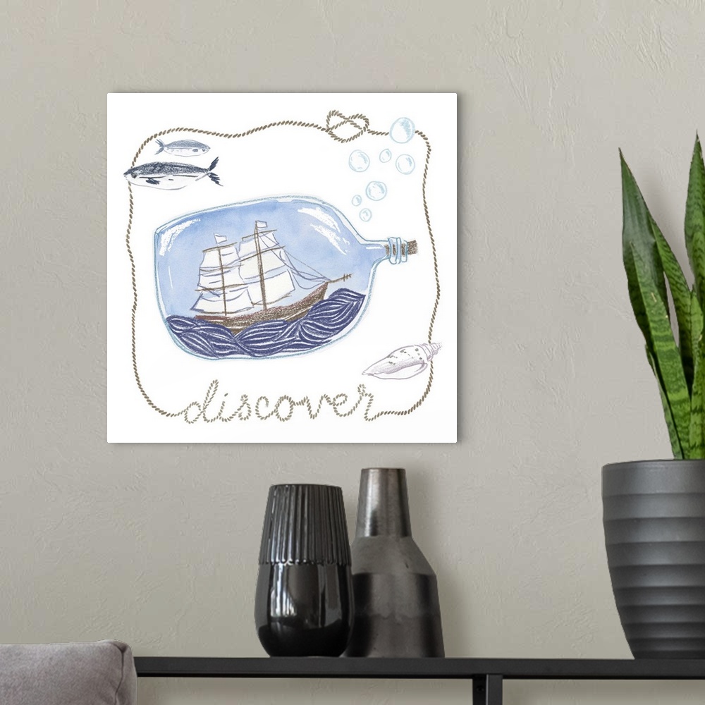 A modern room featuring Illustration of a sailing ship in a bottle with a rope reading "Discover."