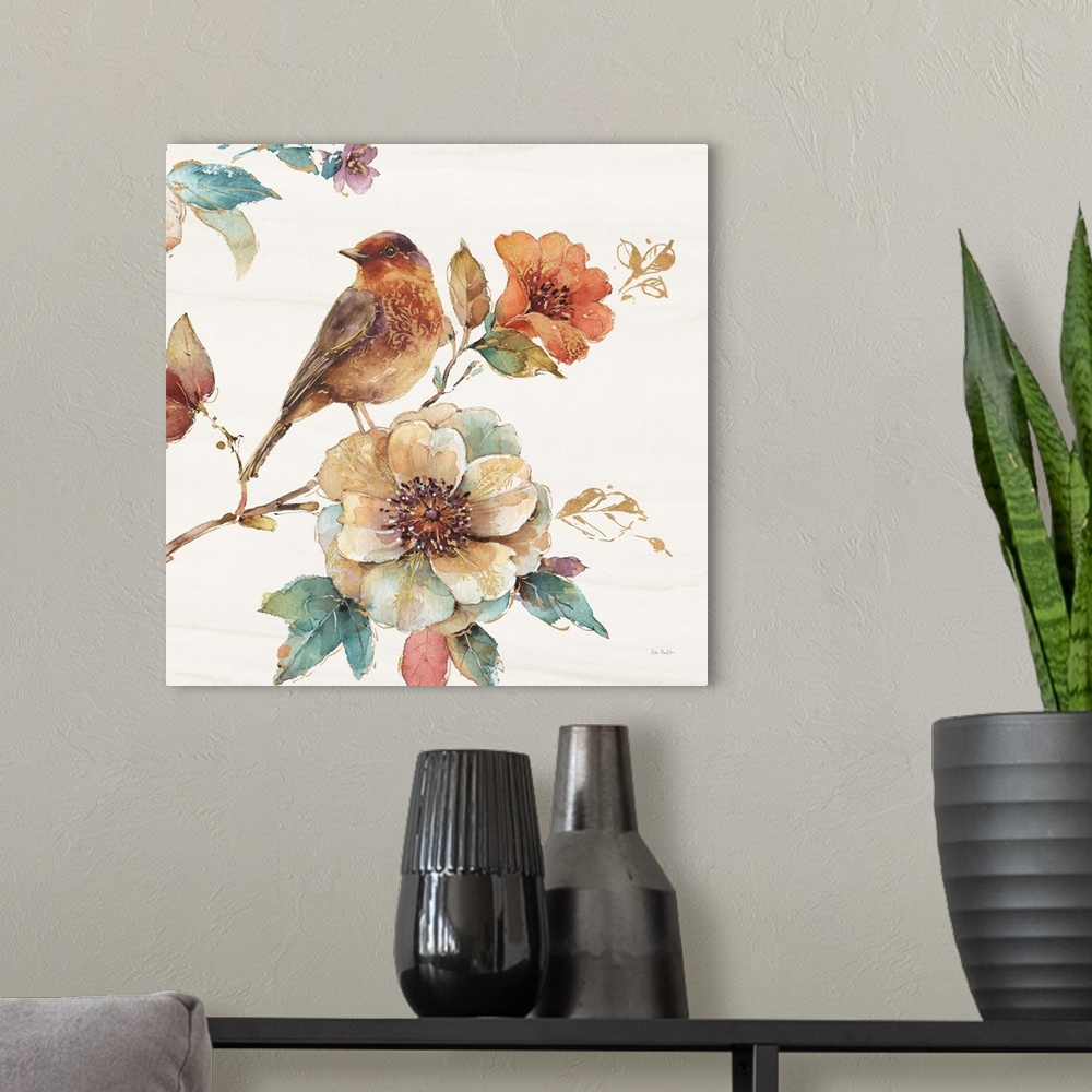 A modern room featuring Contemporary square painting of a bird standing on a flower in warm tones of brown, red and green.