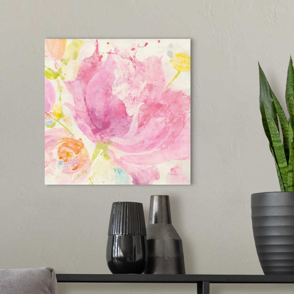 A modern room featuring Square abstract painting of colorful Spring flowers on a white background.