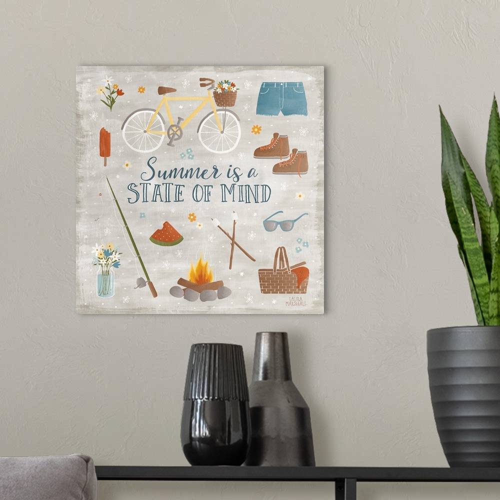 A modern room featuring "Summer is a State of Mind" square Summer decor with Summer activity illustrations.