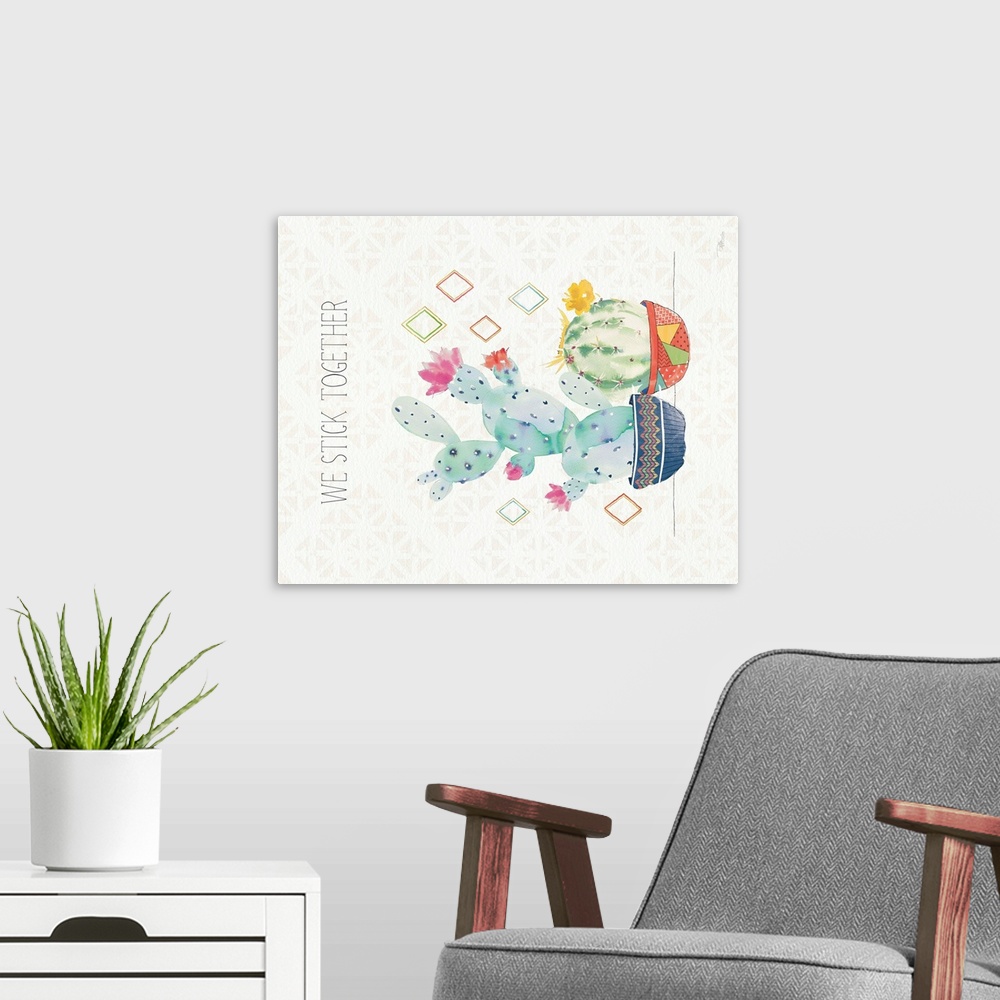 A modern room featuring Vertical decorative artwork of colorful cactus on a neutral background with the text "We Stick To...