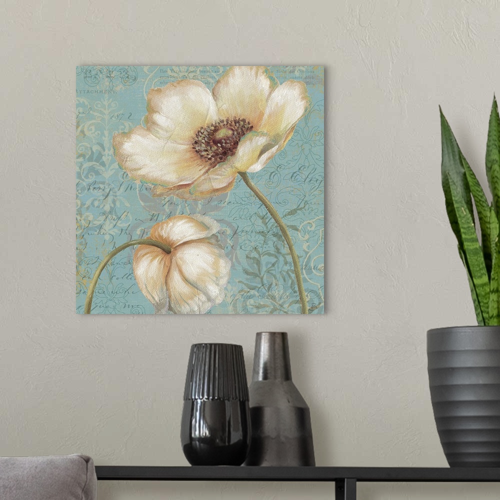 A modern room featuring Abstract painting of two flowers, one that is pointing upwards and the other that is pointing dow...