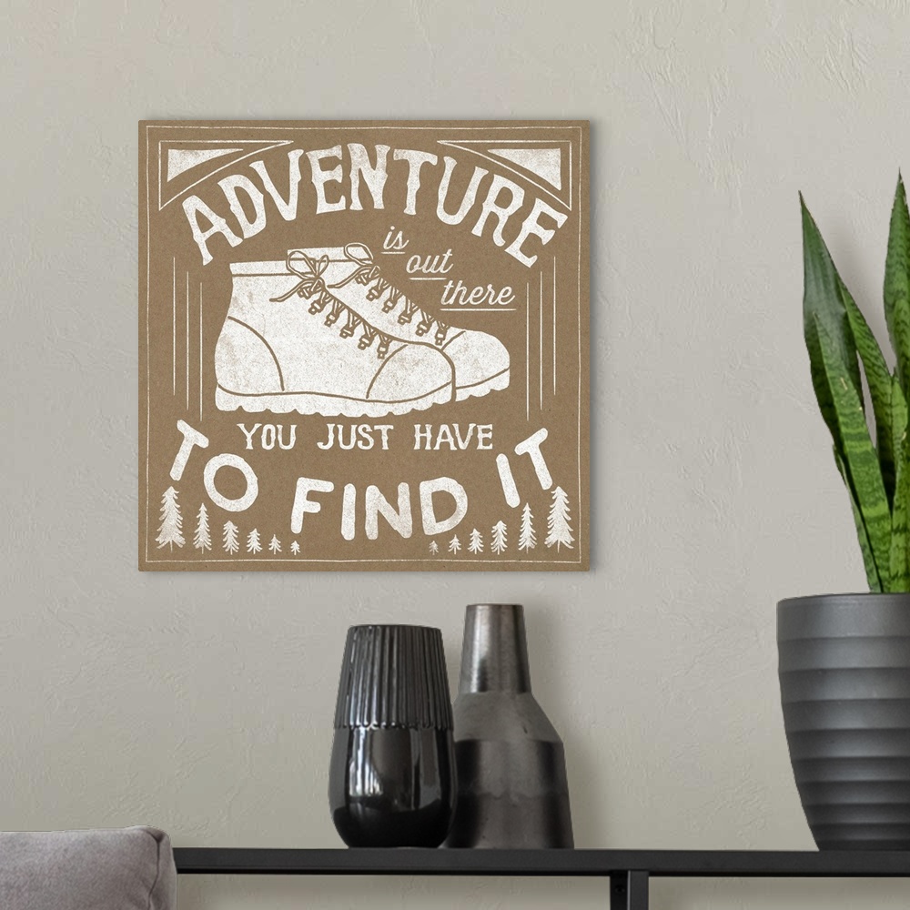A modern room featuring Outdoorsy inspirational sentiment artwork in a rustic natural colors.