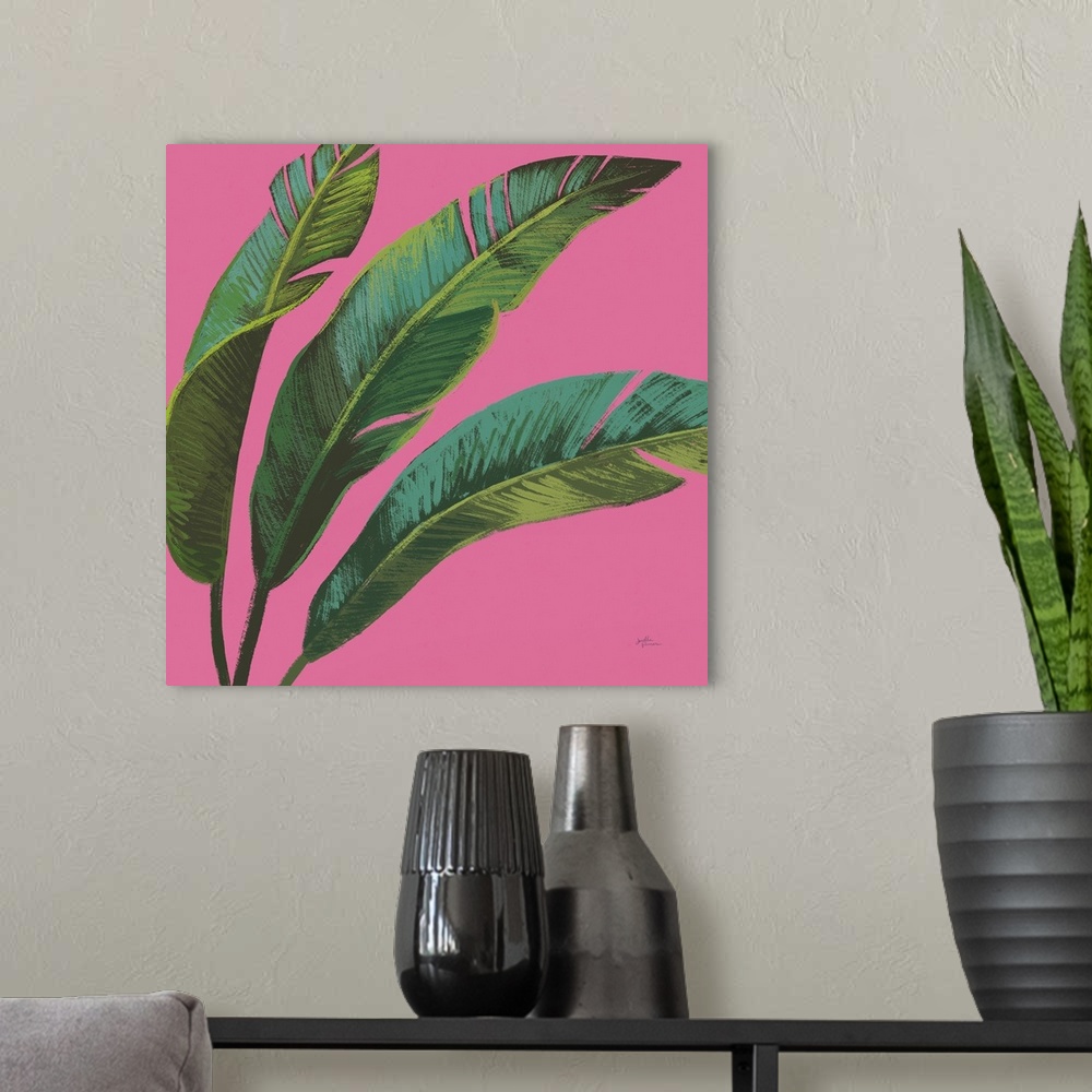 A modern room featuring Illustration of palm leaves in shades of green with blue highlights on a bright pink, square back...
