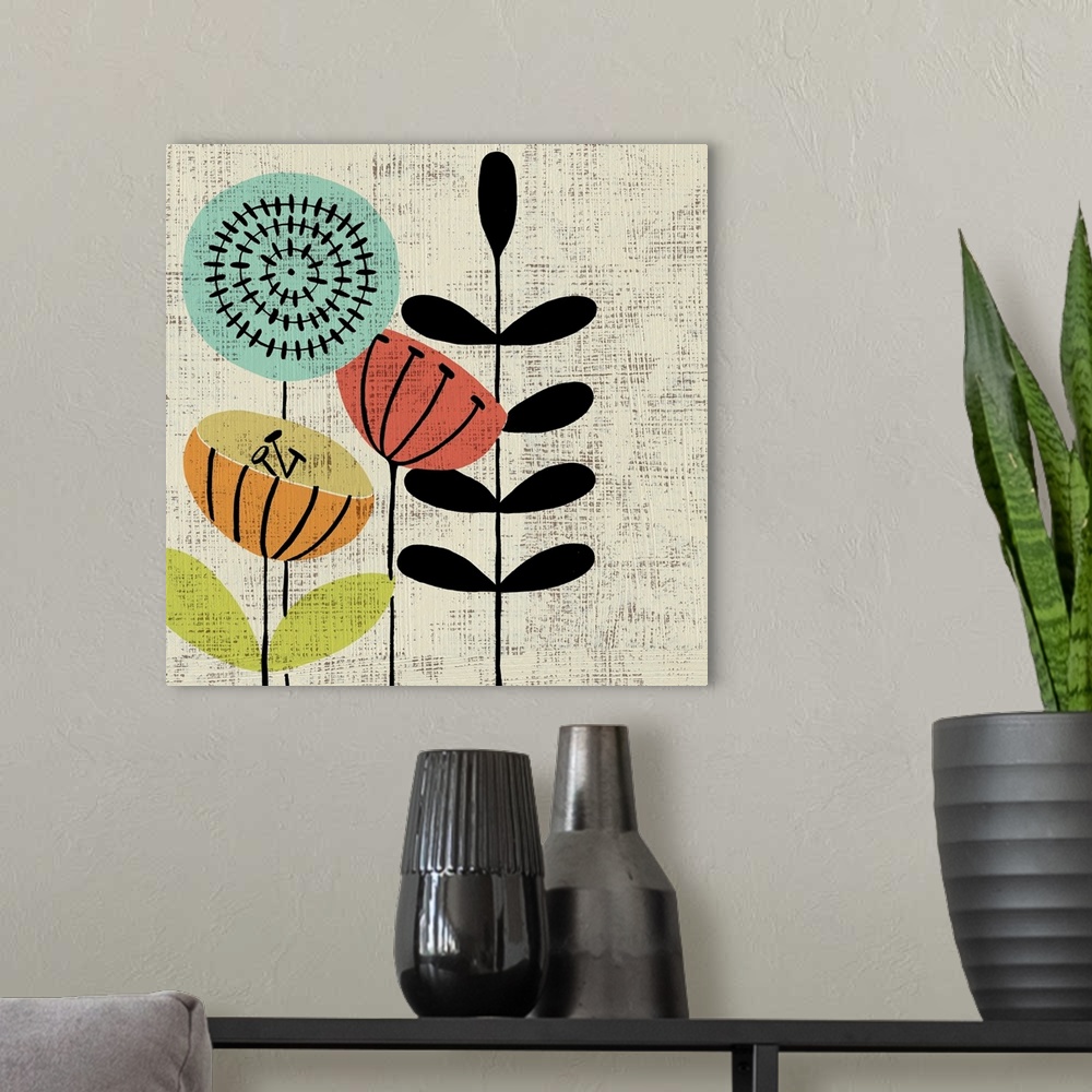A modern room featuring Contemporary colorful garden flower against a textured neutral background.