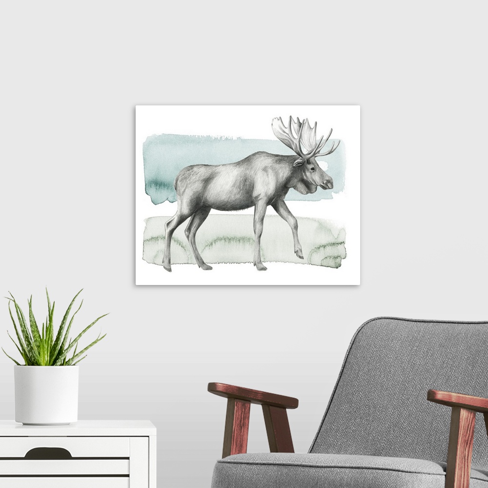 A modern room featuring Graphite sketch of a moose on a blue, green, and white watercolor background.