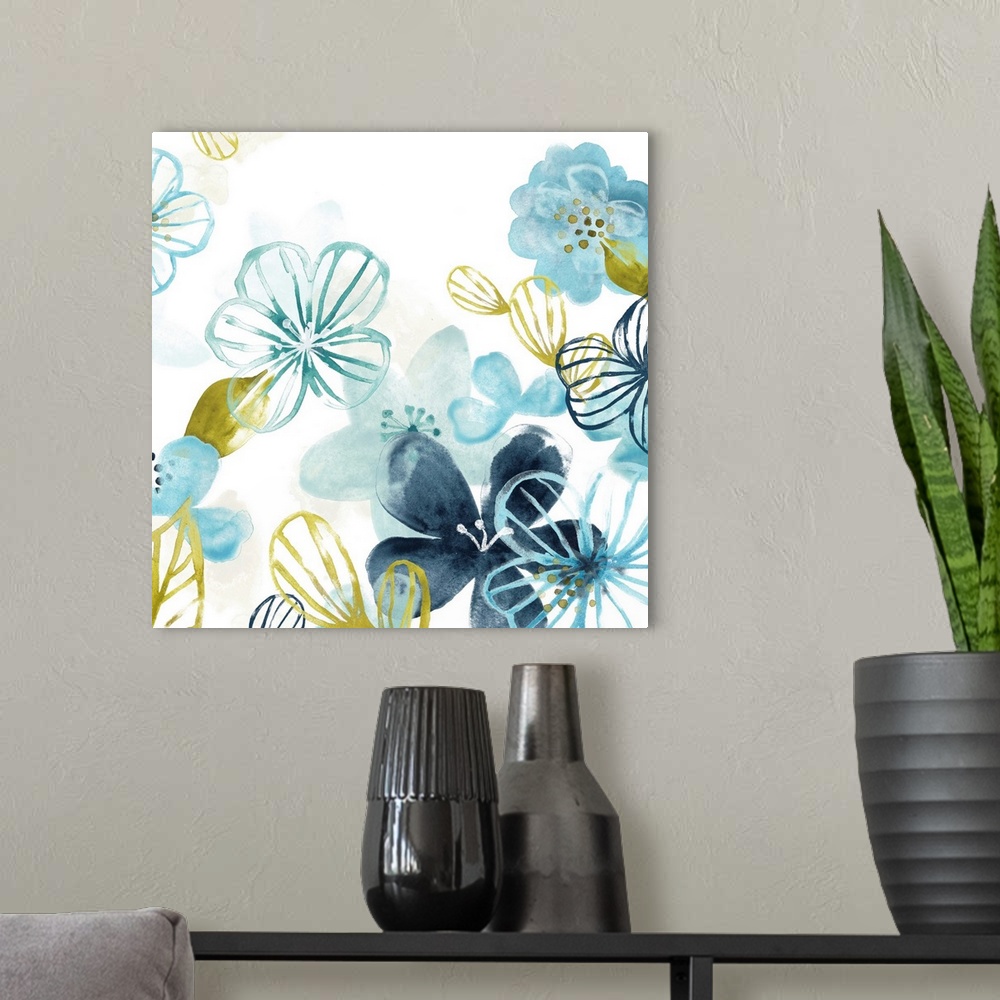 A modern room featuring Watercolor painting of delicate blue and gold flowers.