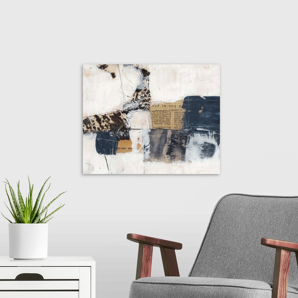 A modern room featuring Contemporary abstract collage style artwork using print clippings and muted tones.