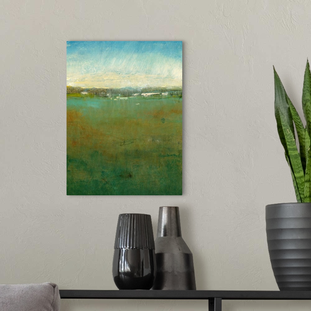 A modern room featuring Abstract artwork of a massive field with a cloudy sky painted above it.