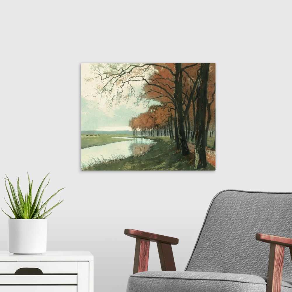 A modern room featuring Contemporary artwork of an autumn landscape seen in the foliage of the trees.