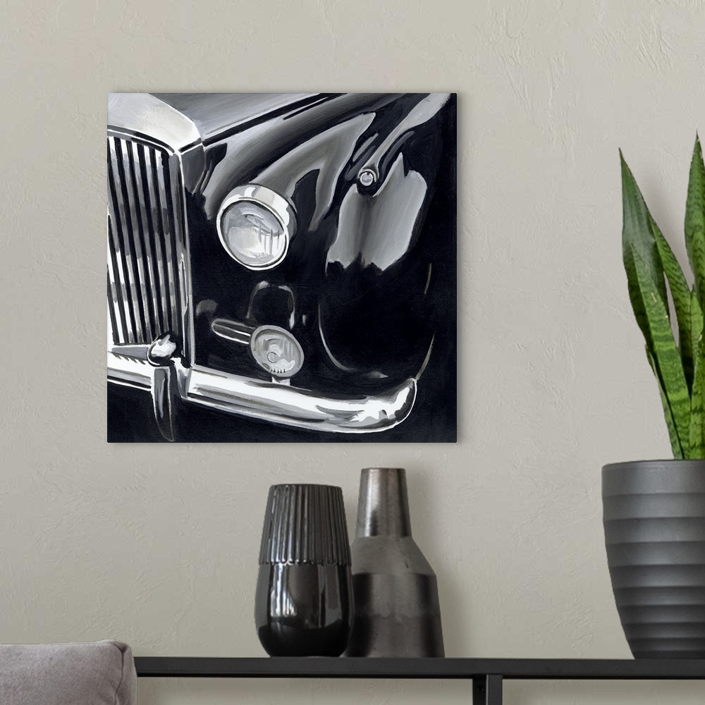 A modern room featuring A contemporary painting of a classic vintage car in a polished black finish.