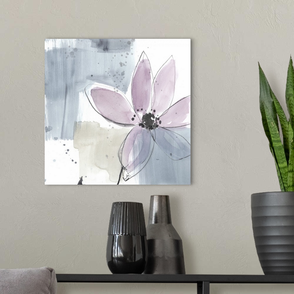 A modern room featuring Square watercolor abstract of a pink flower along strokes of gray and beige with overlapping spat...