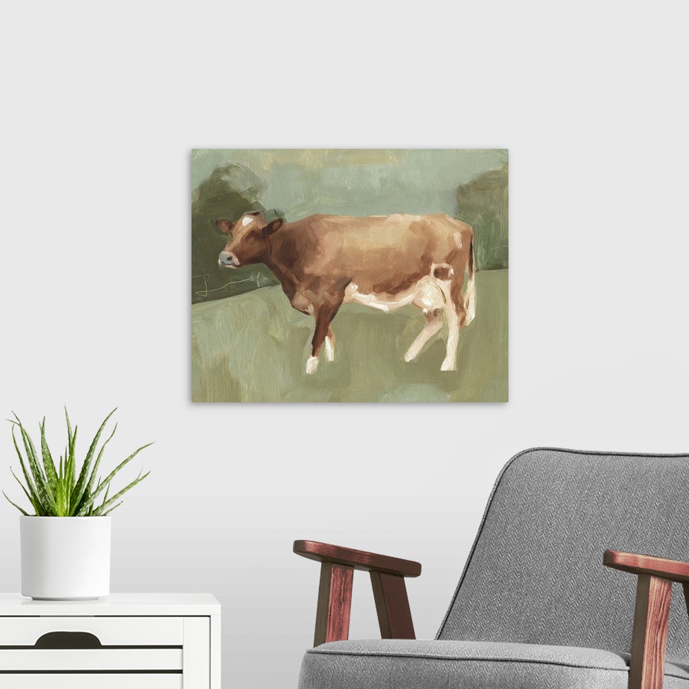 A modern room featuring Contemporary painting of a brown and white cow standing in a field of spotted shades of green.