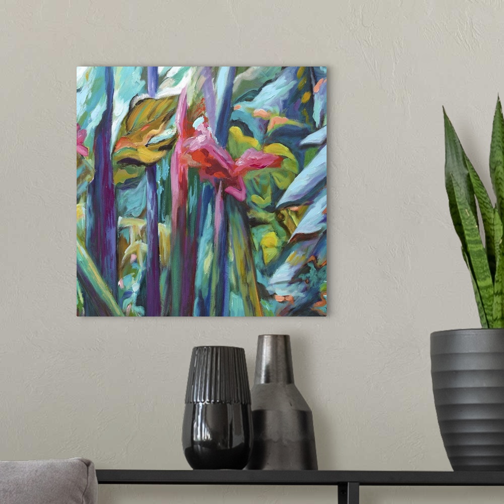 A modern room featuring Contemporary painting of colorful tropical plants.
