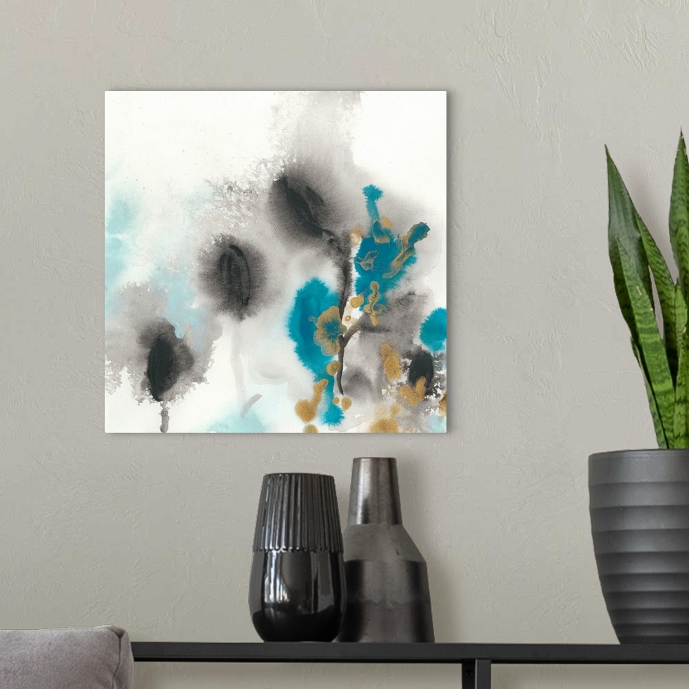 A modern room featuring Watercolor abstract art in blue and grey on white.