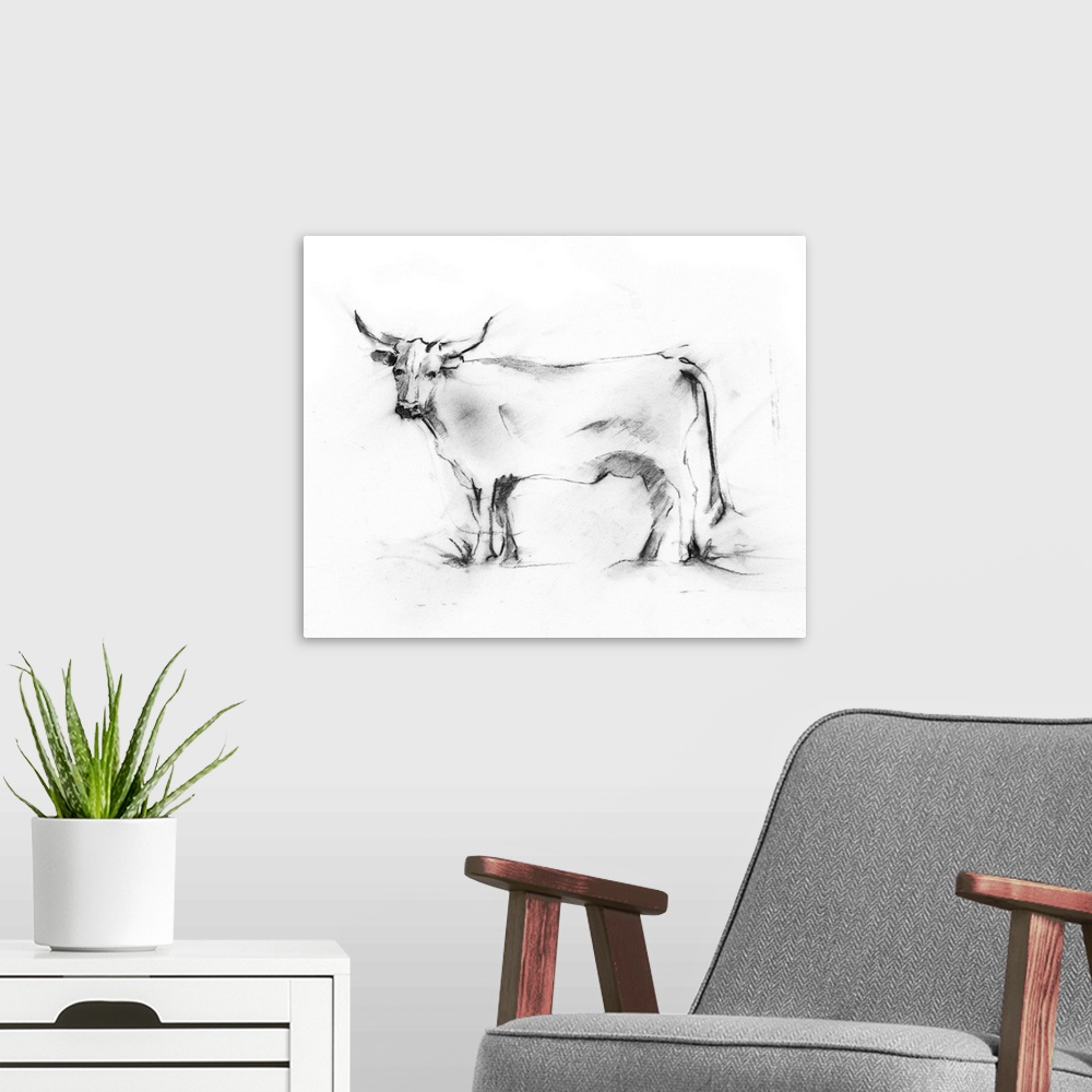 A modern room featuring Charcoal artwork of a bovine in gray tones against a white background.