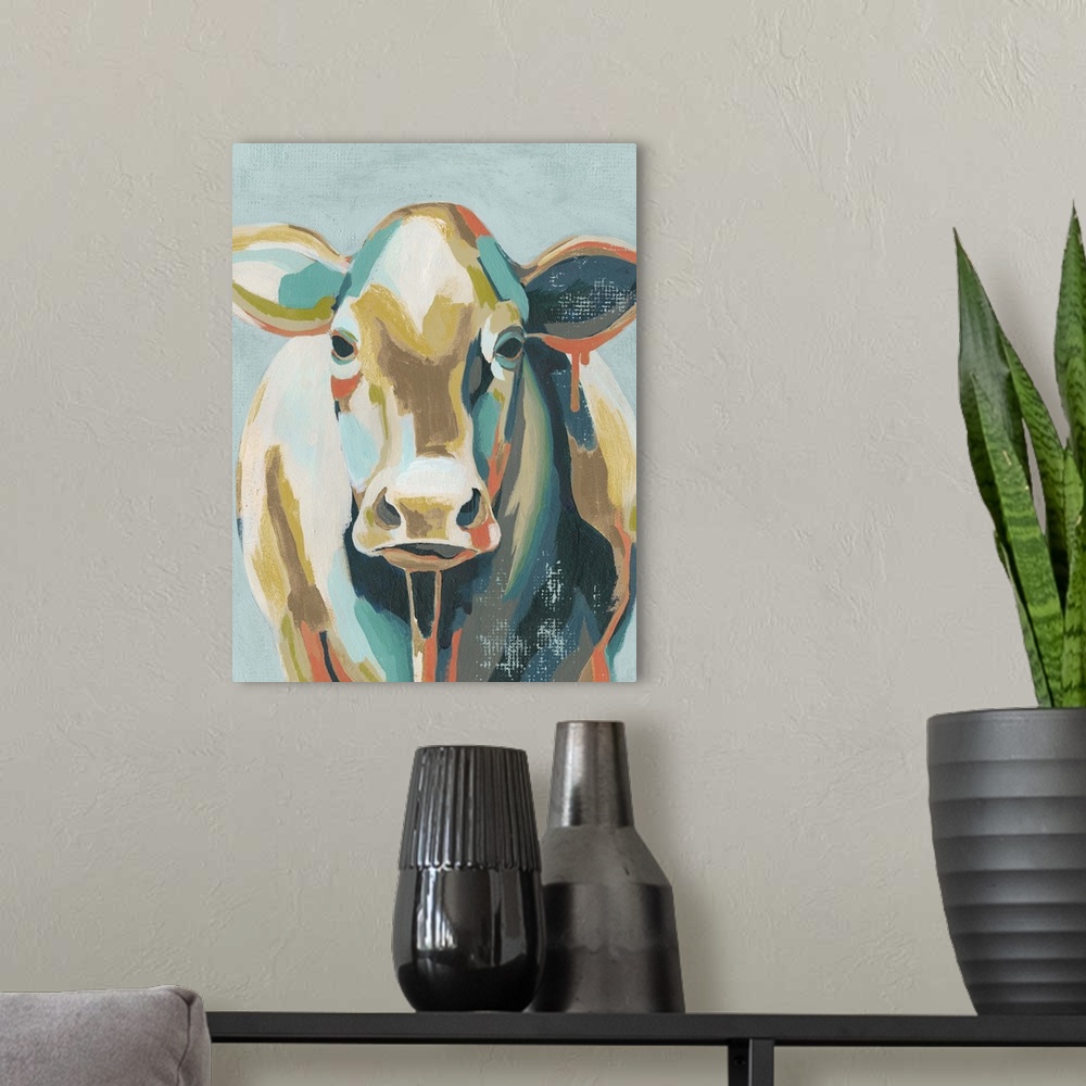 A modern room featuring Colorful Cows II