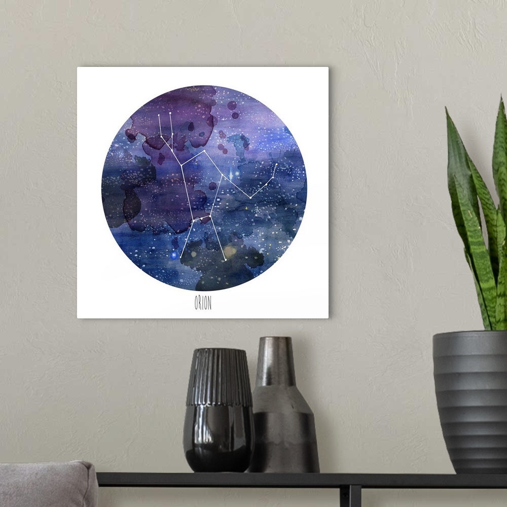 A modern room featuring The constellation Orion in the night sky, in a watercolor circle.
