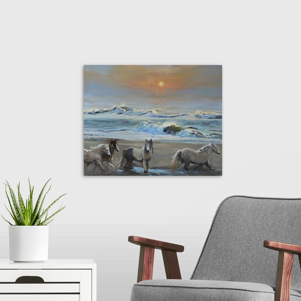 A modern room featuring Contemporary painting of a herd of wild horses on the coast at dawn.