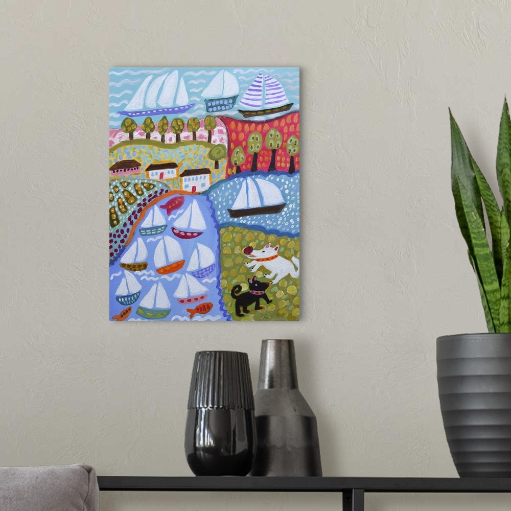 A modern room featuring Contemporary landscape art print of several sailboats in the ocean and river with two dogs watching.