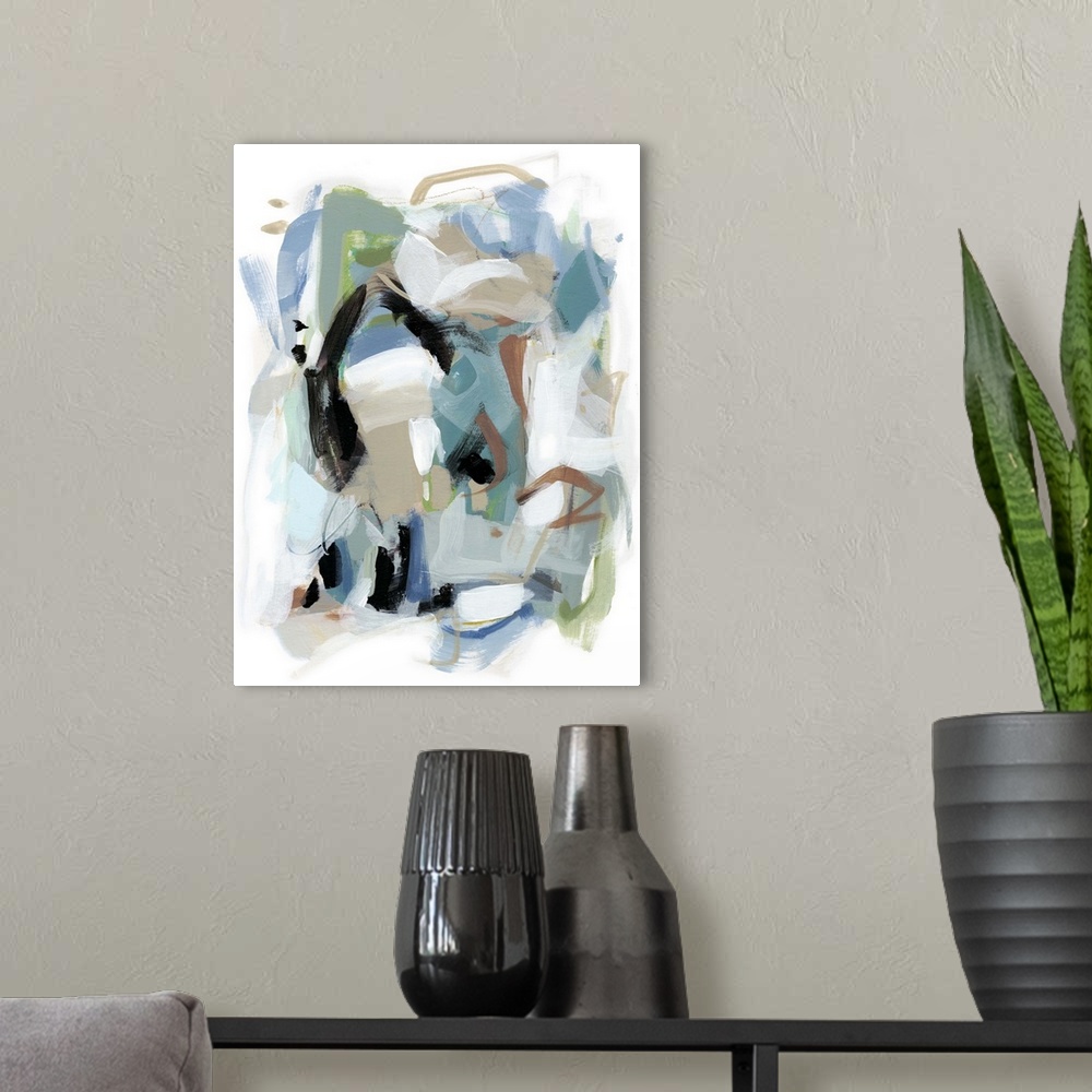A modern room featuring Contemporary abstract artwork in shades of teal, white, and black.
