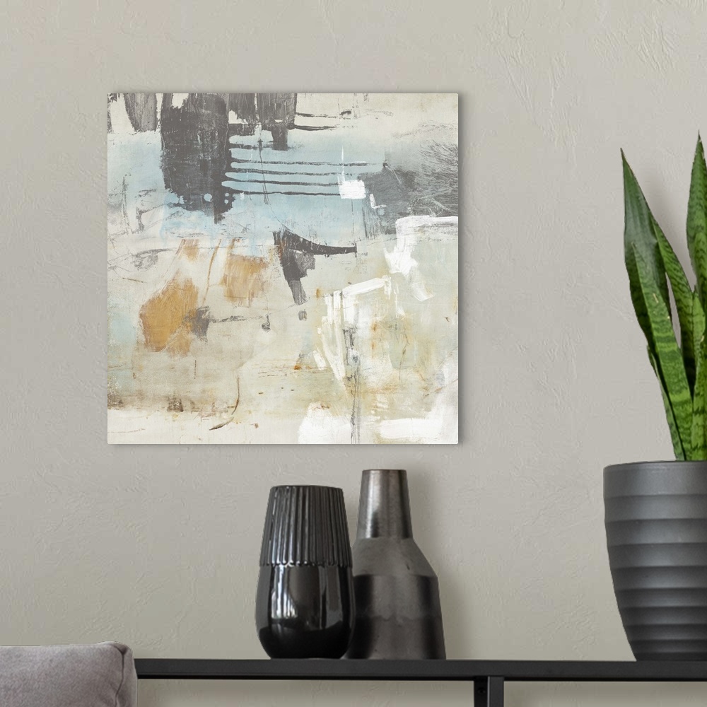 A modern room featuring Abstract painting using soft colors mixed with patterns and textures.