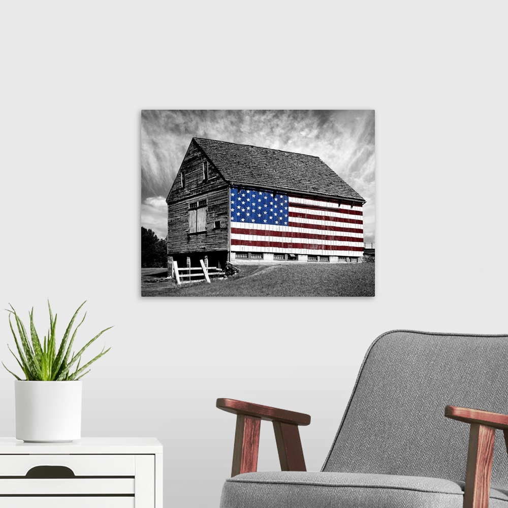 A modern room featuring Flags of Our Farmers XIV