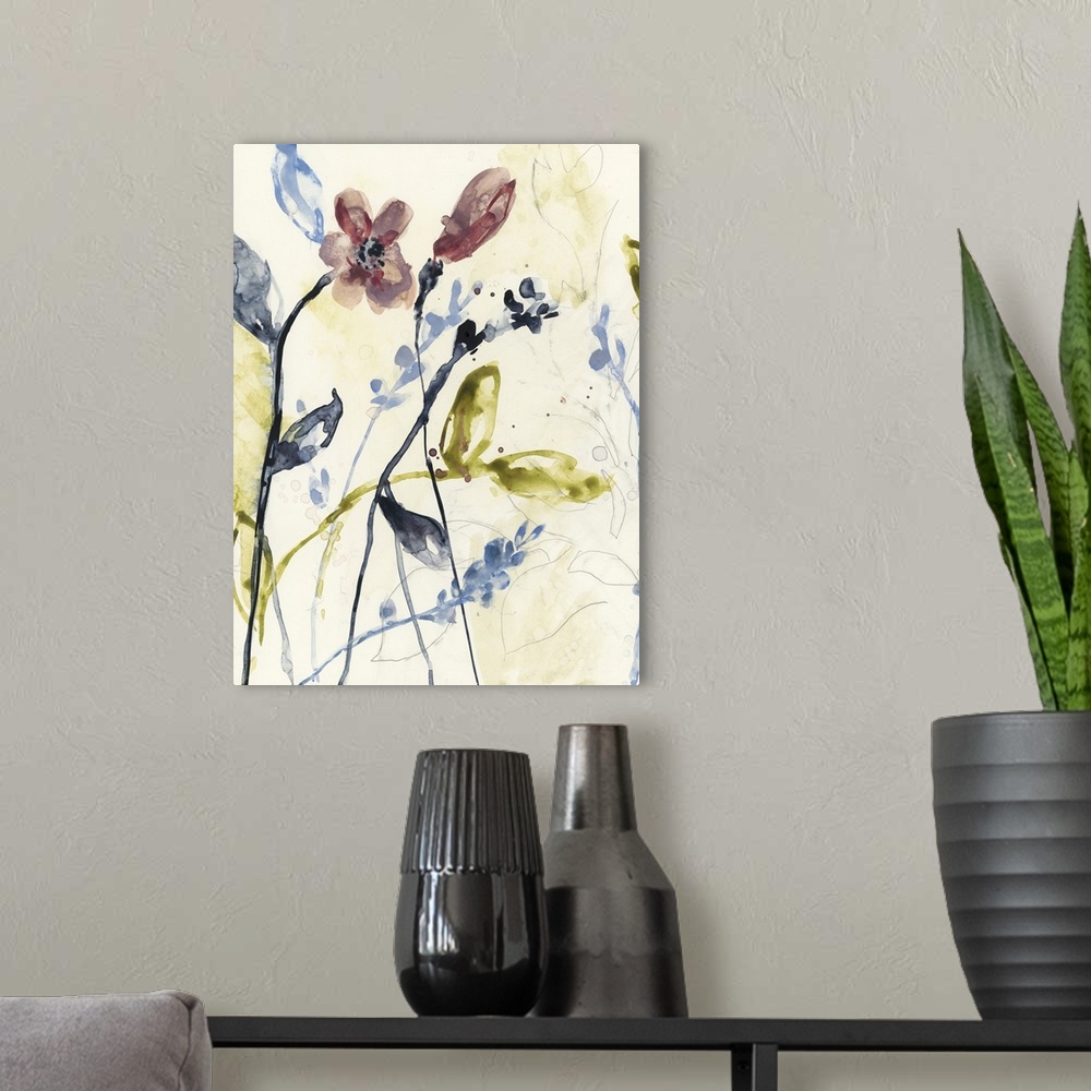 A modern room featuring Watercolor painting of wildflowers against a pale background.