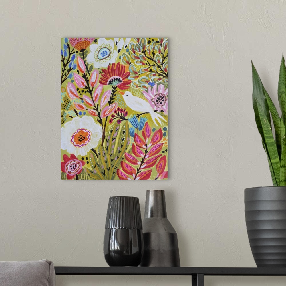 A modern room featuring A colorful contemporary painting of a white bird in a flower garden.