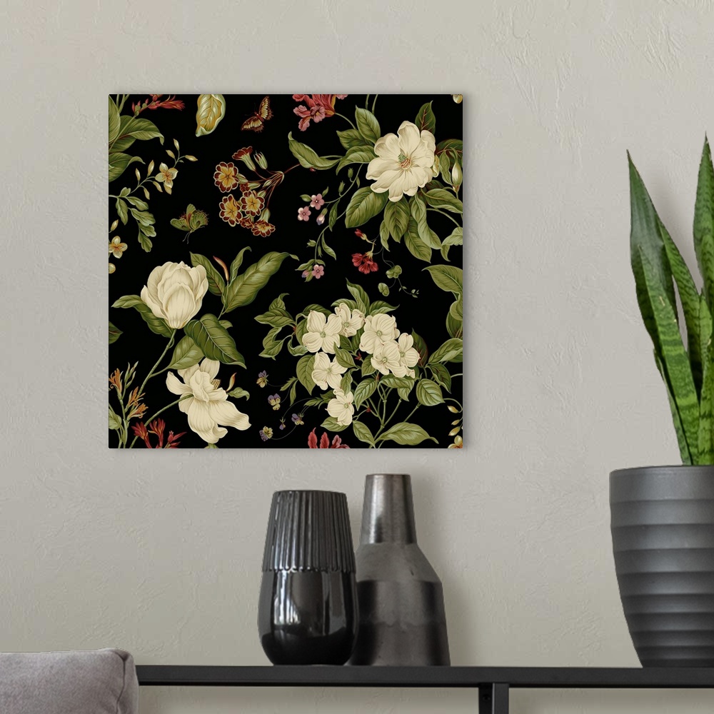 A modern room featuring This digital artwork features delicate white flowers and warm colored wildflowers accompanied by ...