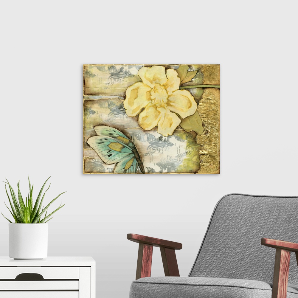 A modern room featuring Contemporary painting of a golden flower and a teal butterfly against a weathered and textured ba...