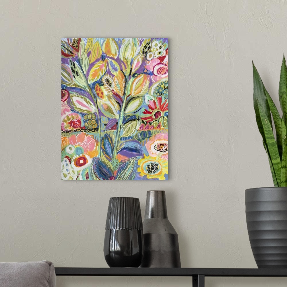 A modern room featuring Boho style illustration of tropical flowers in bloom.