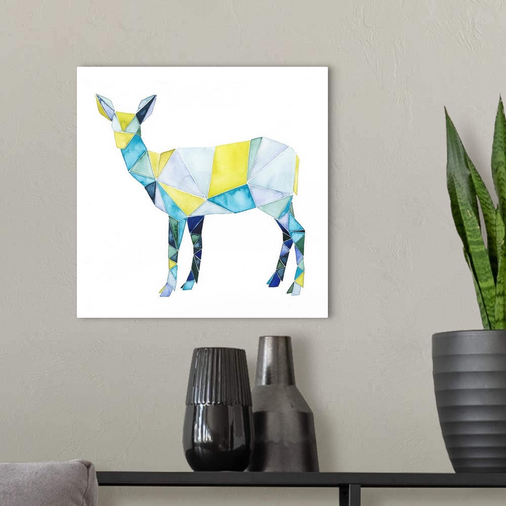A modern room featuring Watercolor artwork of a deer rendered in polygonal shapes in yellow and blue.