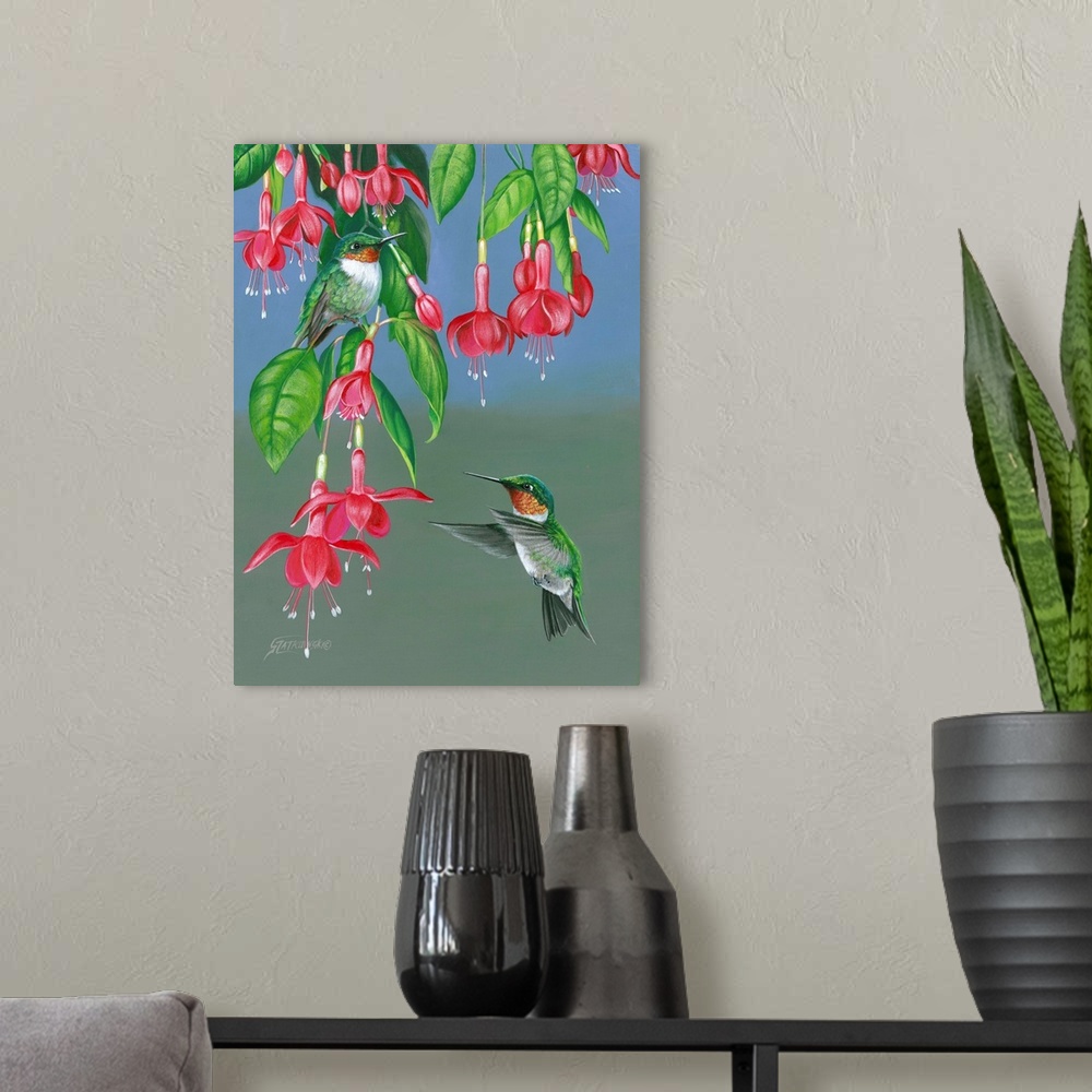 A modern room featuring Contemporary wildlife painting of two hummingbirds getting nectar from hanging fuchsia flowers.