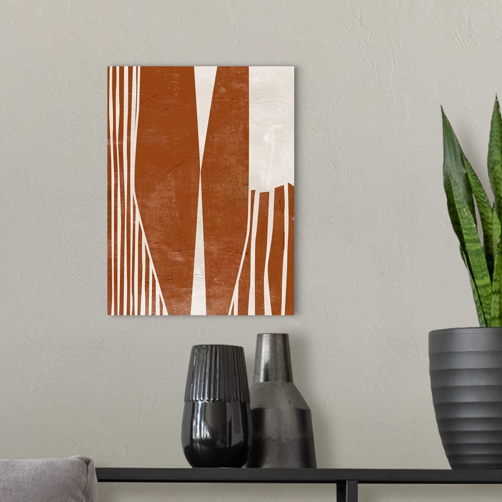 A modern room featuring An earthy, chunky geometric abstract in warm earth tones.
