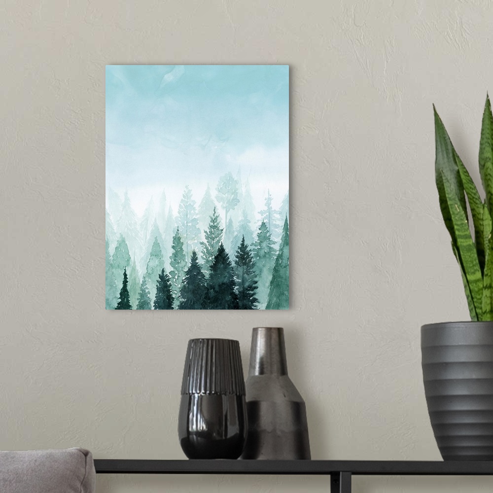 A modern room featuring Watercolor painting of a misty forest under a pale blue sky.