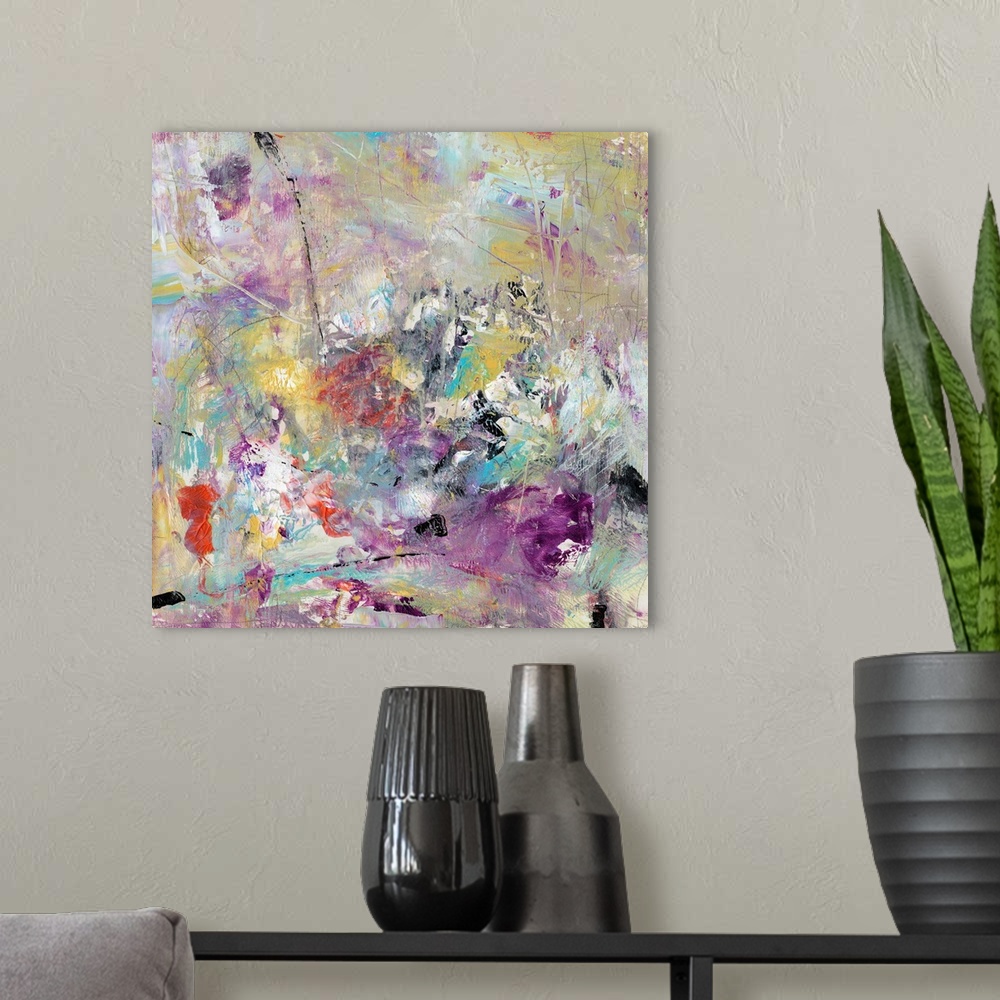 A modern room featuring Contemporary abstract artwork in a frenzy of colors and textures, with scratches, brushstrokes, a...