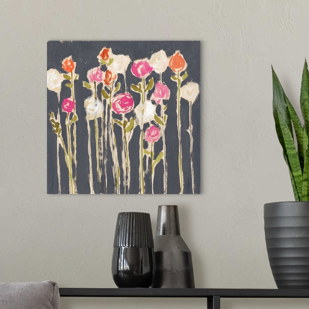 A modern room featuring Contemporary painting of colorful flower on tall straight stems against a dark gray background.
