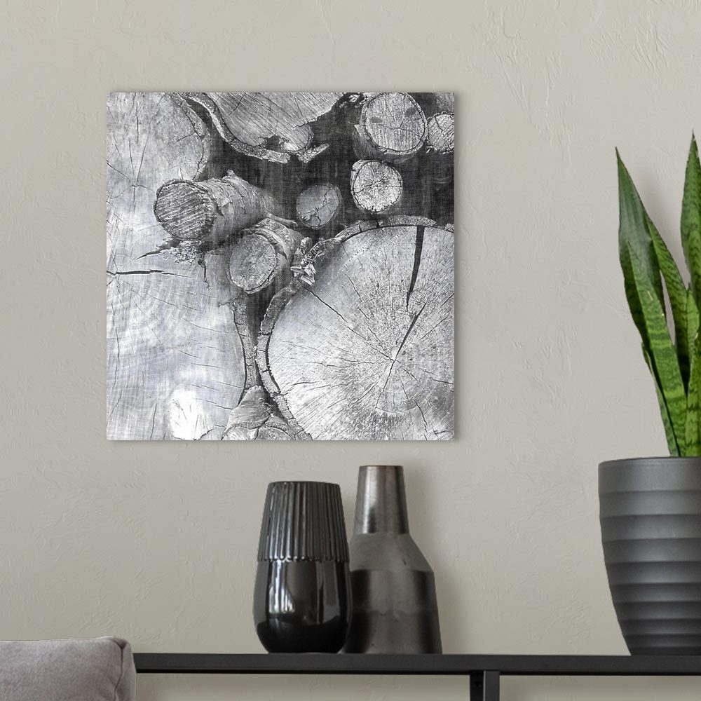 A modern room featuring Abstract artwork in grey shades made from cross sections of tree trunks.