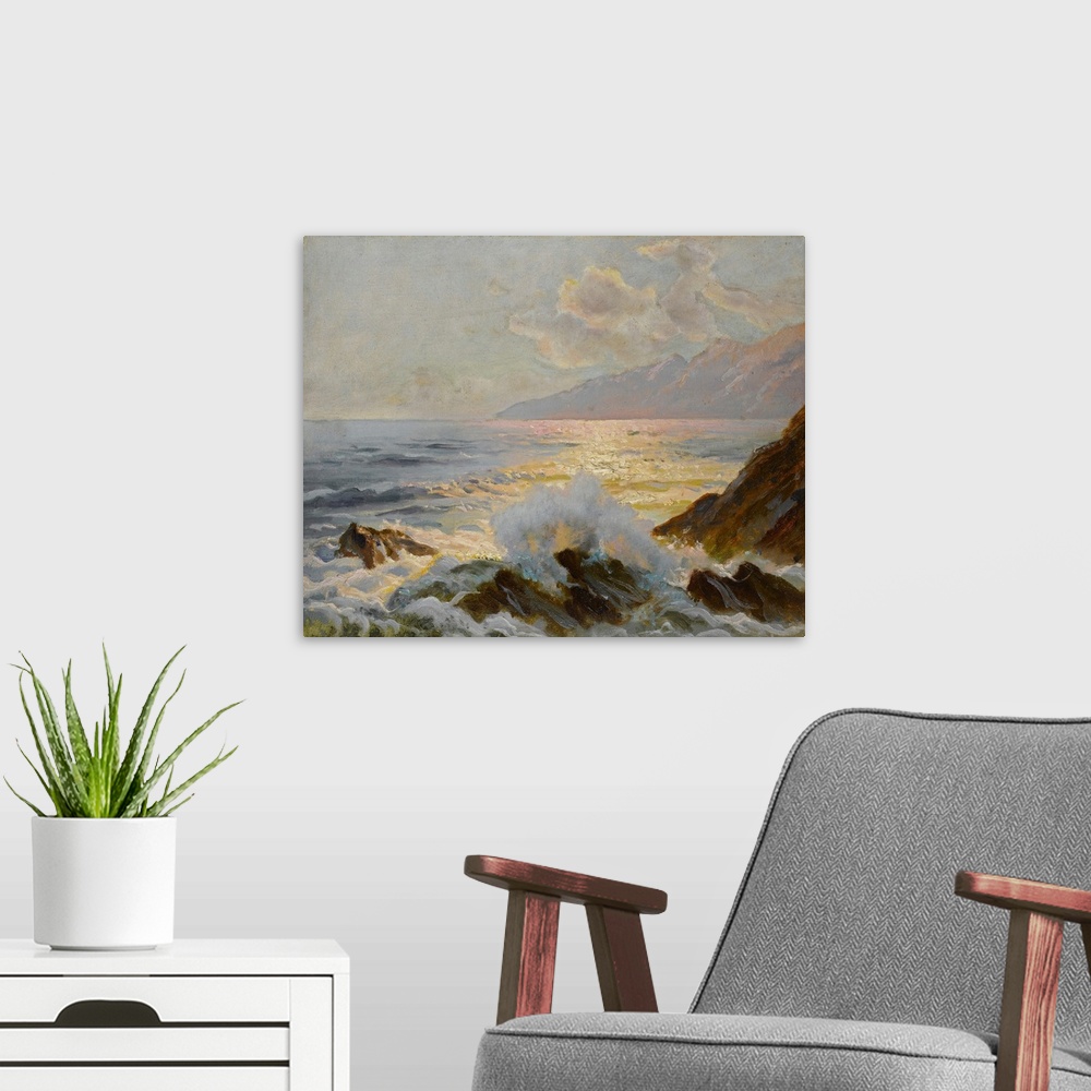A modern room featuring Classic painting of waves crashing against the rocky coast in golden light.