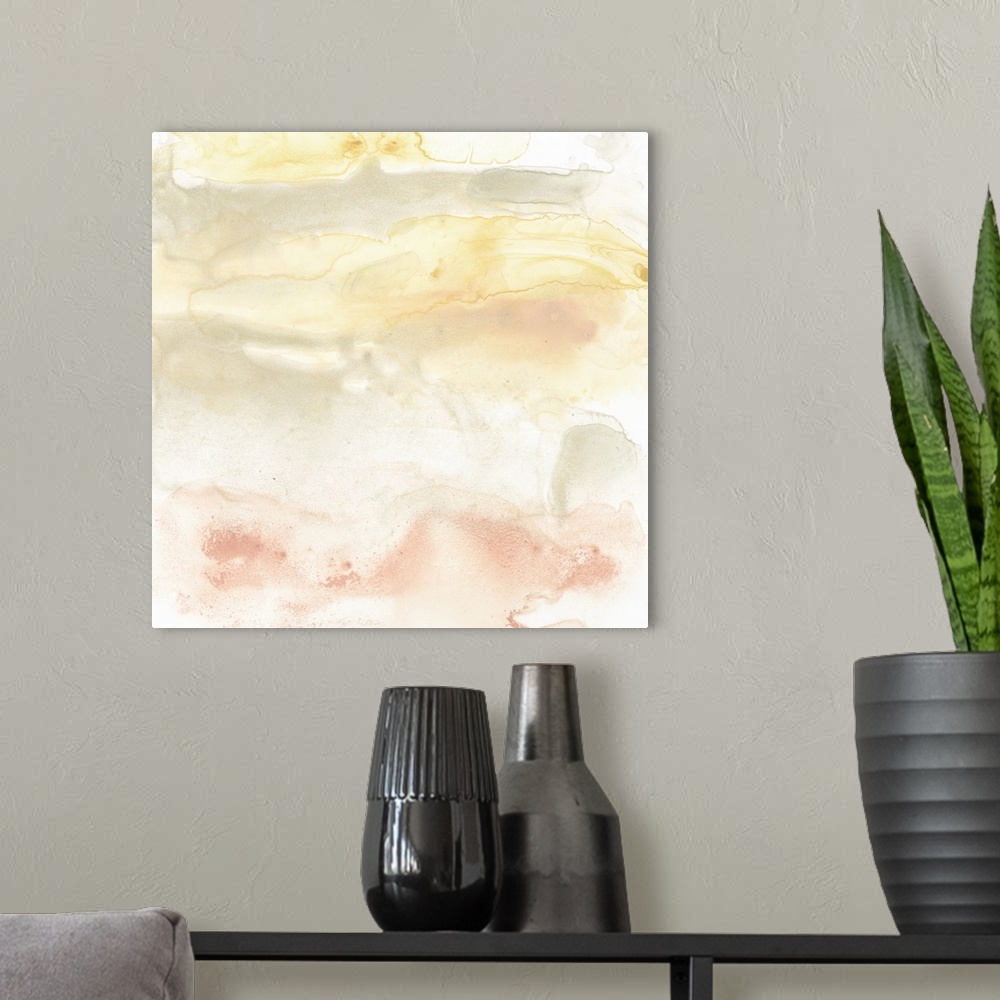 A modern room featuring This contemporary artwork features warm tones in shades of orange and yellow to represent sunrise...