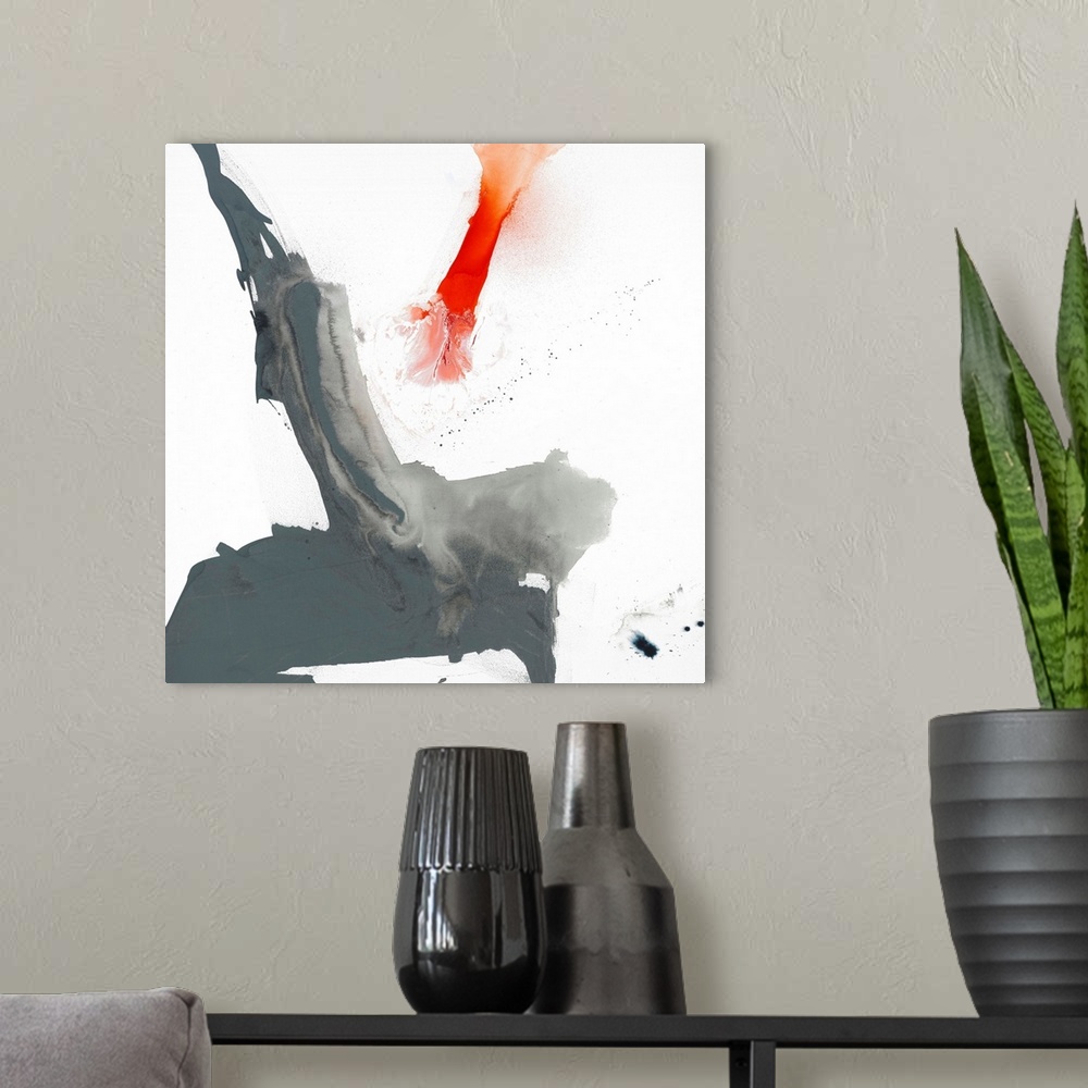 A modern room featuring Abstract painting using aggressive strokes of gray with a hint of red against a white background.