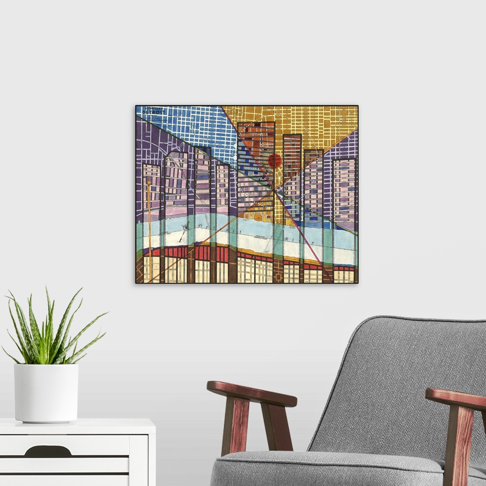 A modern room featuring Contemporary abstract artwork of a map of Detroit, Michigan.