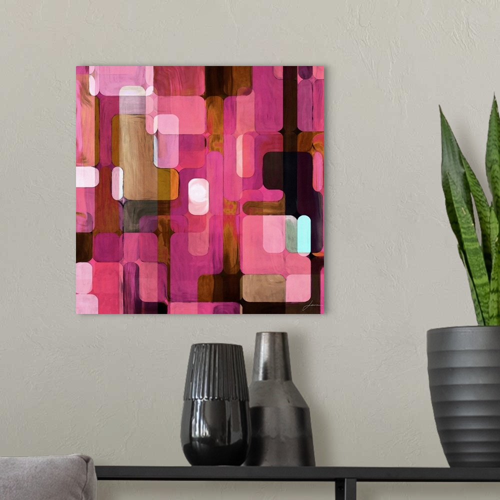 A modern room featuring This is a square painting with strong retro and Mod appearance with textural pastel geometric sha...
