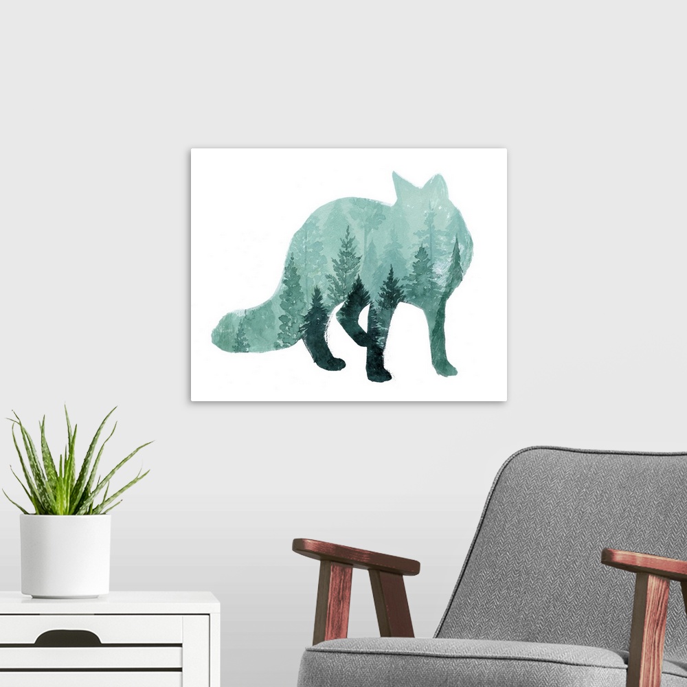 A modern room featuring Silhouette of a fox with an image of a misty forest inside on white.