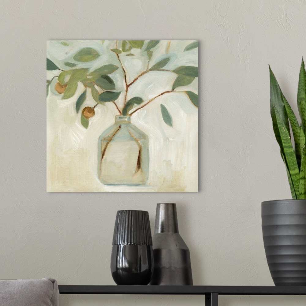 A modern room featuring A simple still life of leafy branches in a clear glass jar, painted in a chunky abstracted style ...