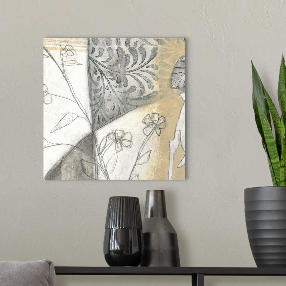 A modern room featuring Contemporary artwork using neutral tones and floral elements in a pencil drawn style.